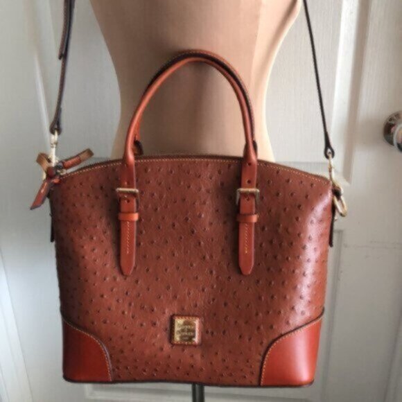 Dooney & Bourke Ostrich Domed Satchel Cognac Shoulder Leather Handbag Purse - Picture 10 of 14